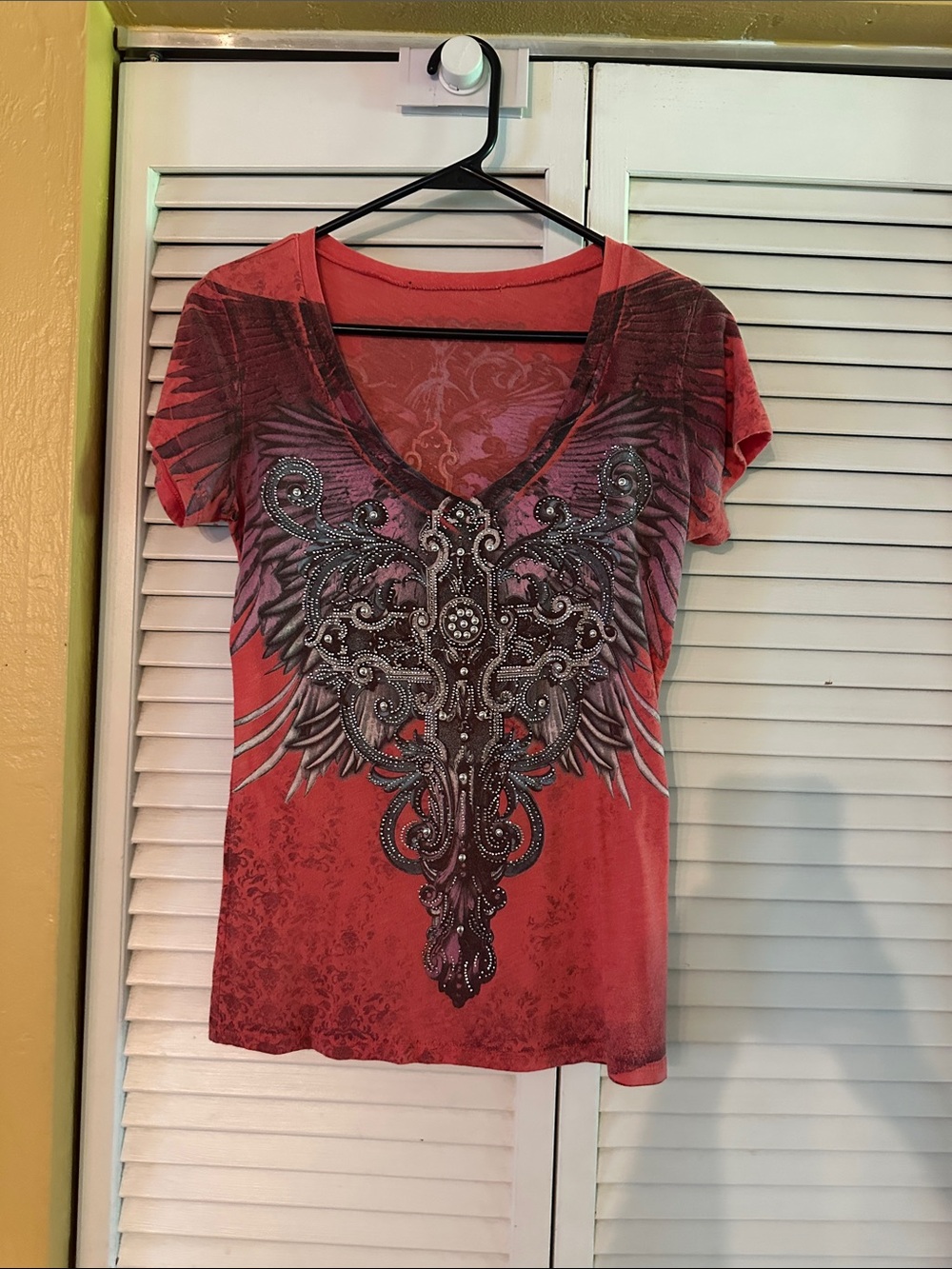 Angels & Diamonds Red Short-Sleeve V-Neck Top with Winged Rhinestone Graphic